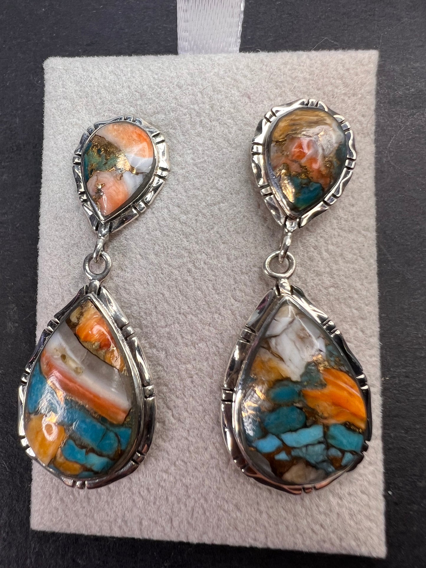 Southwest style blended turquoise and spiny oyster sterling silver teardrop earrings *NEW*