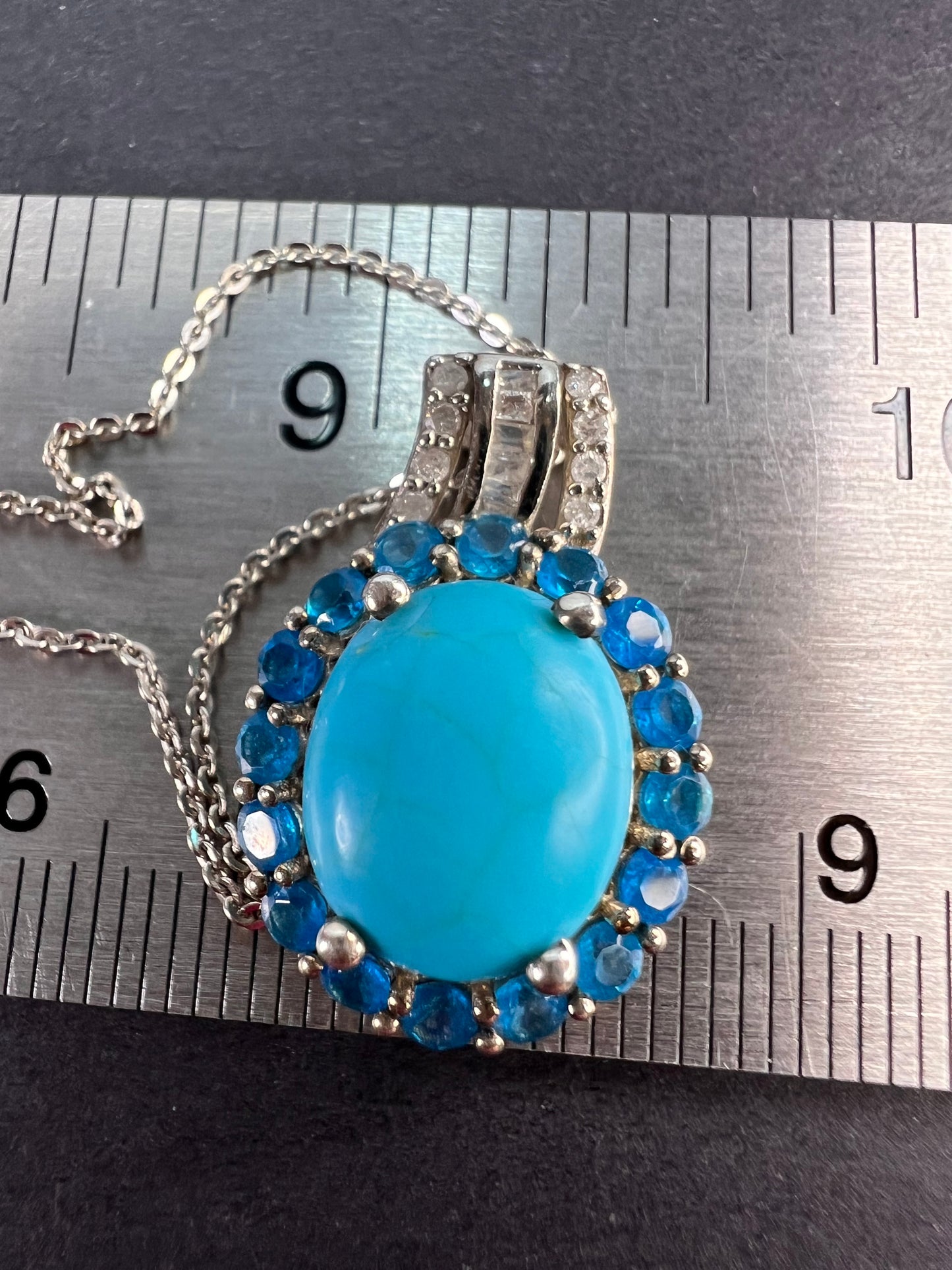 Sleeping Beauty turquoise , Malgache neon apatite and diamond halo pendant necklace in platinum over sterling silver with 20 inch chain 4.85ctw