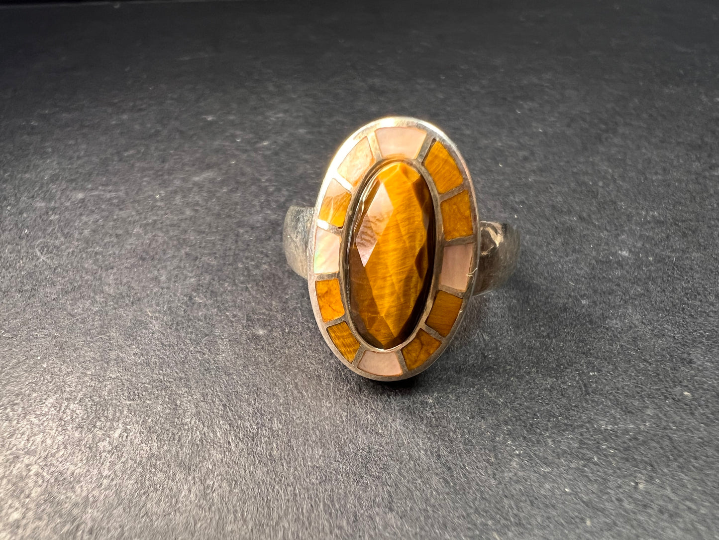 Whitney Kelly tigers eye and mother of pearl sterling silver ring size 7