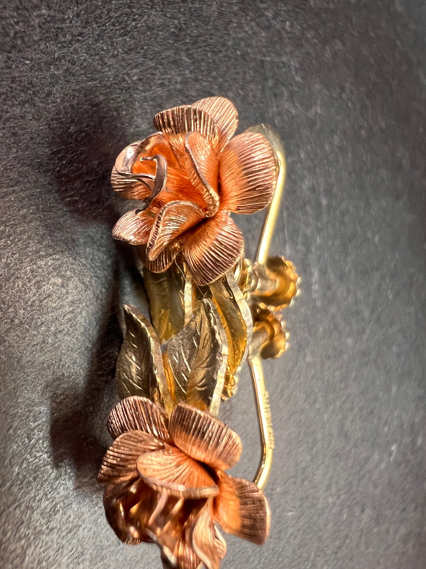 Vintage Krementz Rose and yellow gold tone Flower Leaf Screw Back Earrings