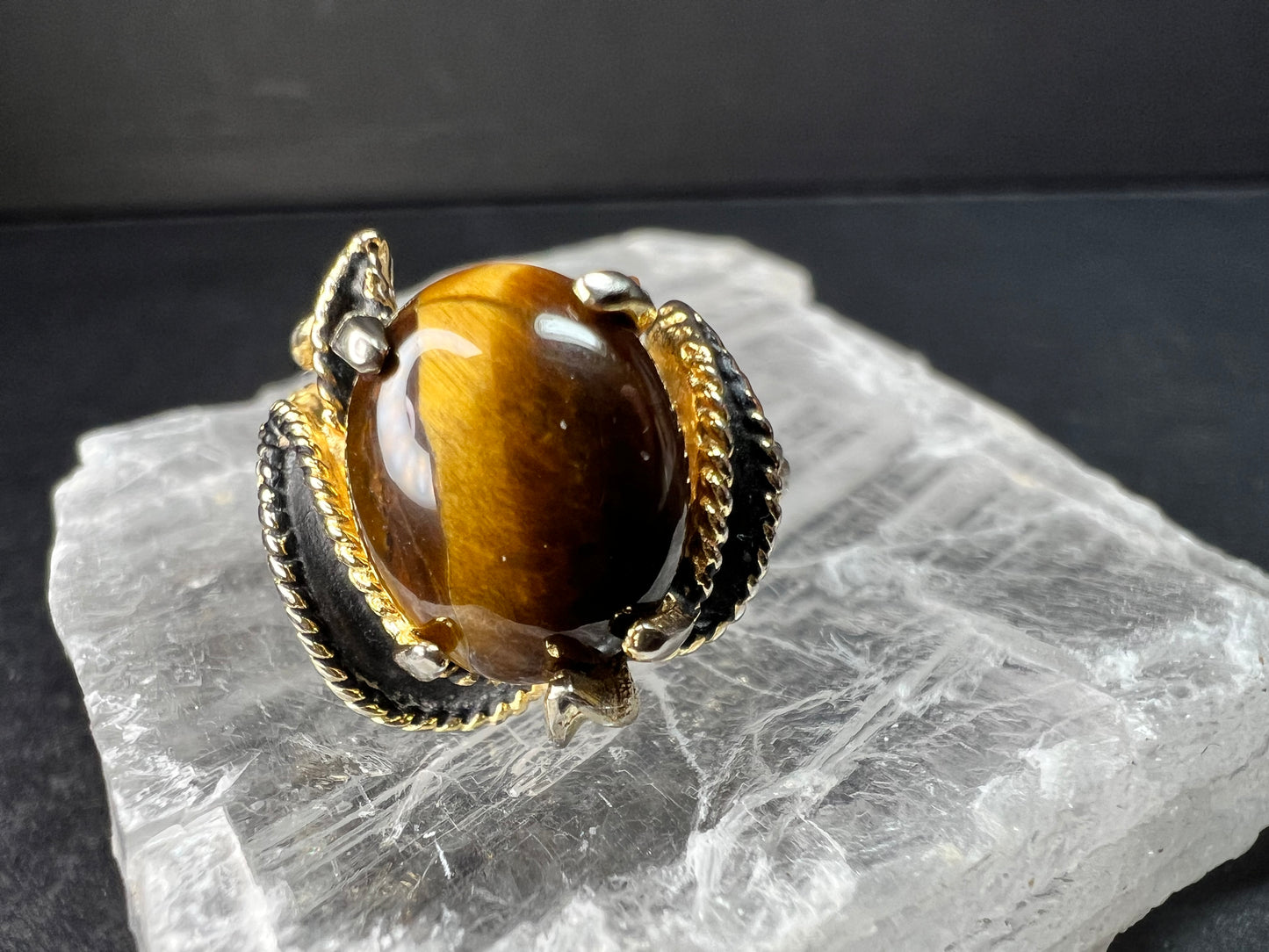 Vintage Espo Tiger’s Eye Ring Size 7.5 18K HGF Gold Filled Statement