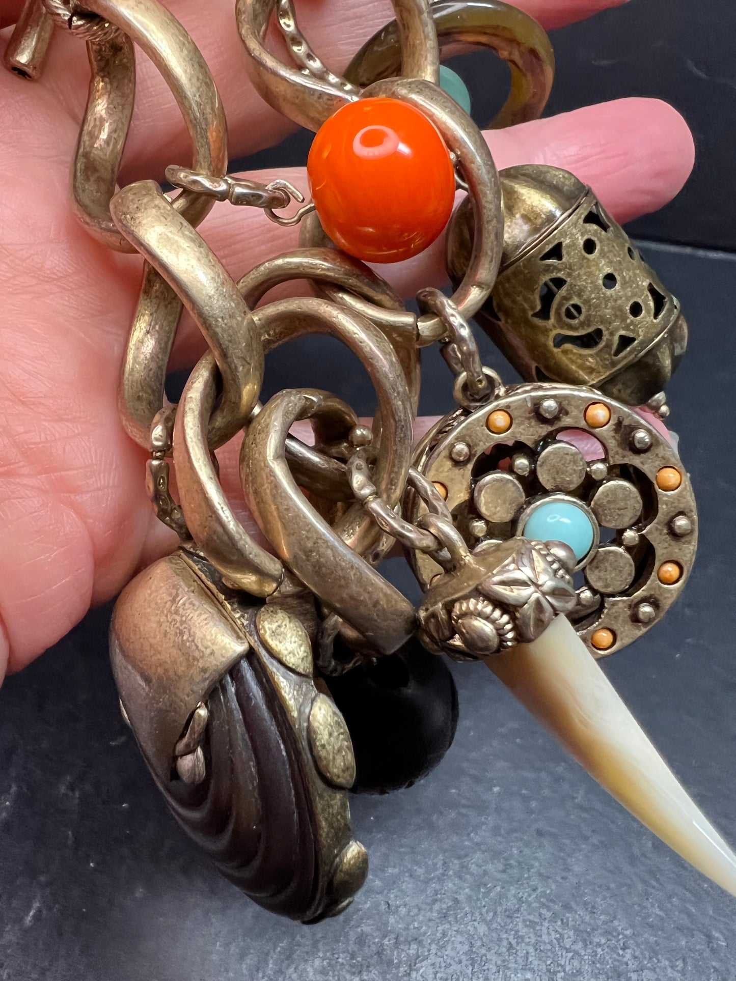 Vintage Charm Bracelet Brass Tone Glass Beads Chunky Statement 8 Inch