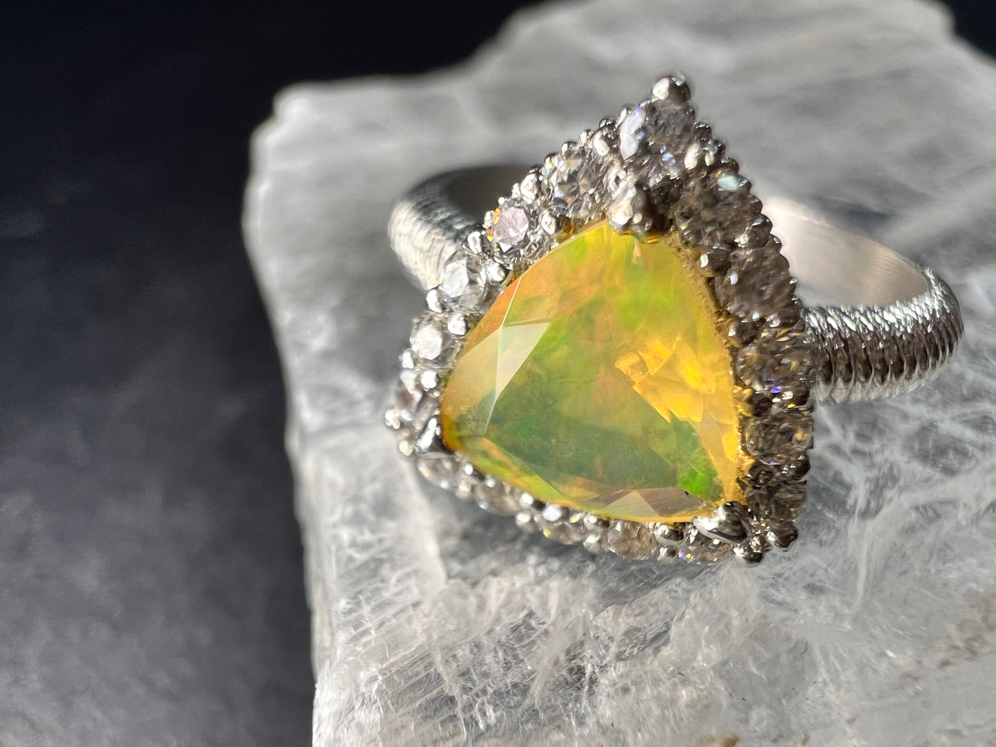 Ethiopian Opal Halo Ring Sterling Silver Size 7 Trillion Cut