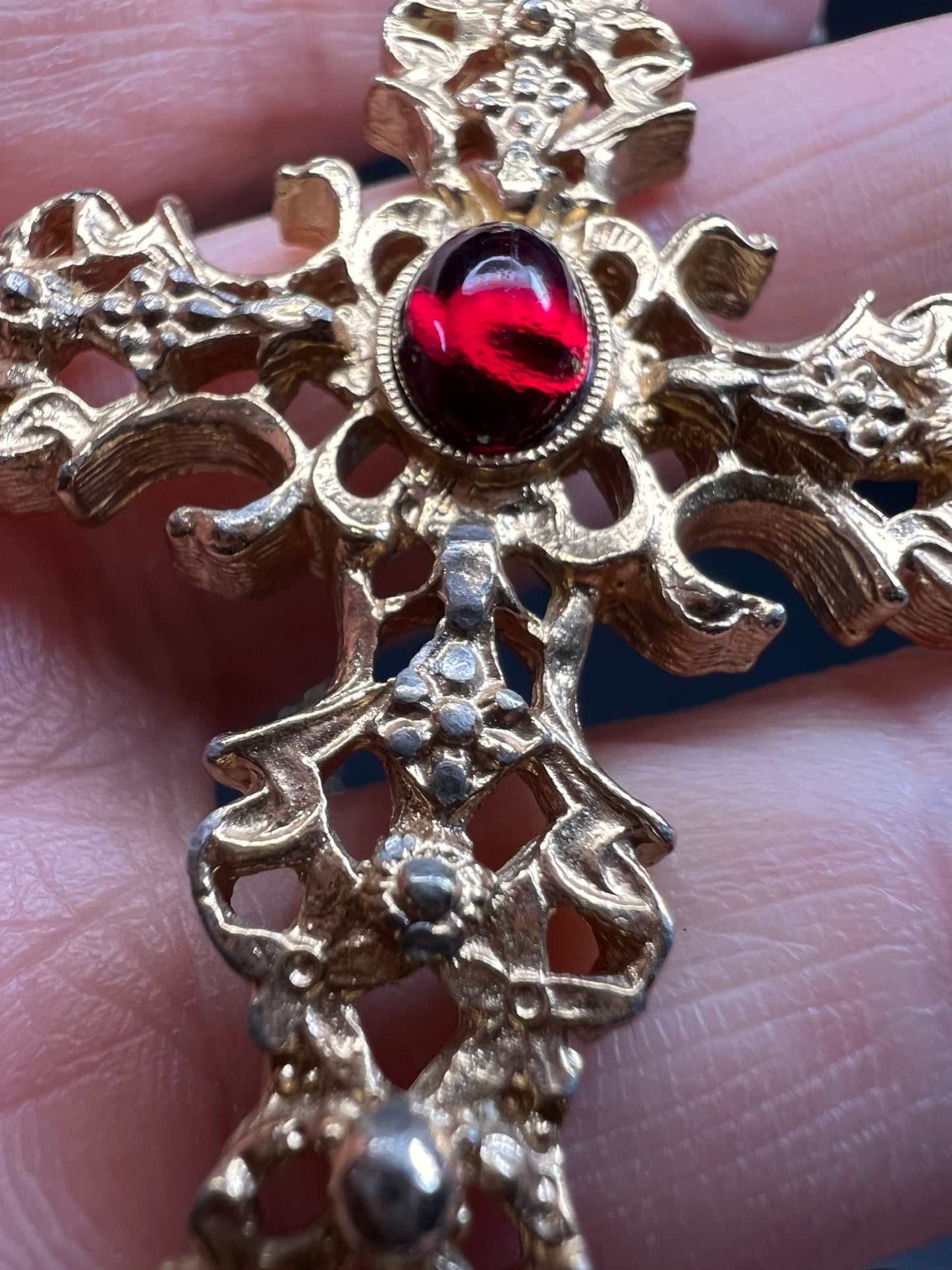 Vintage Avon Red Cabochon Filigree Cross Necklace 24”