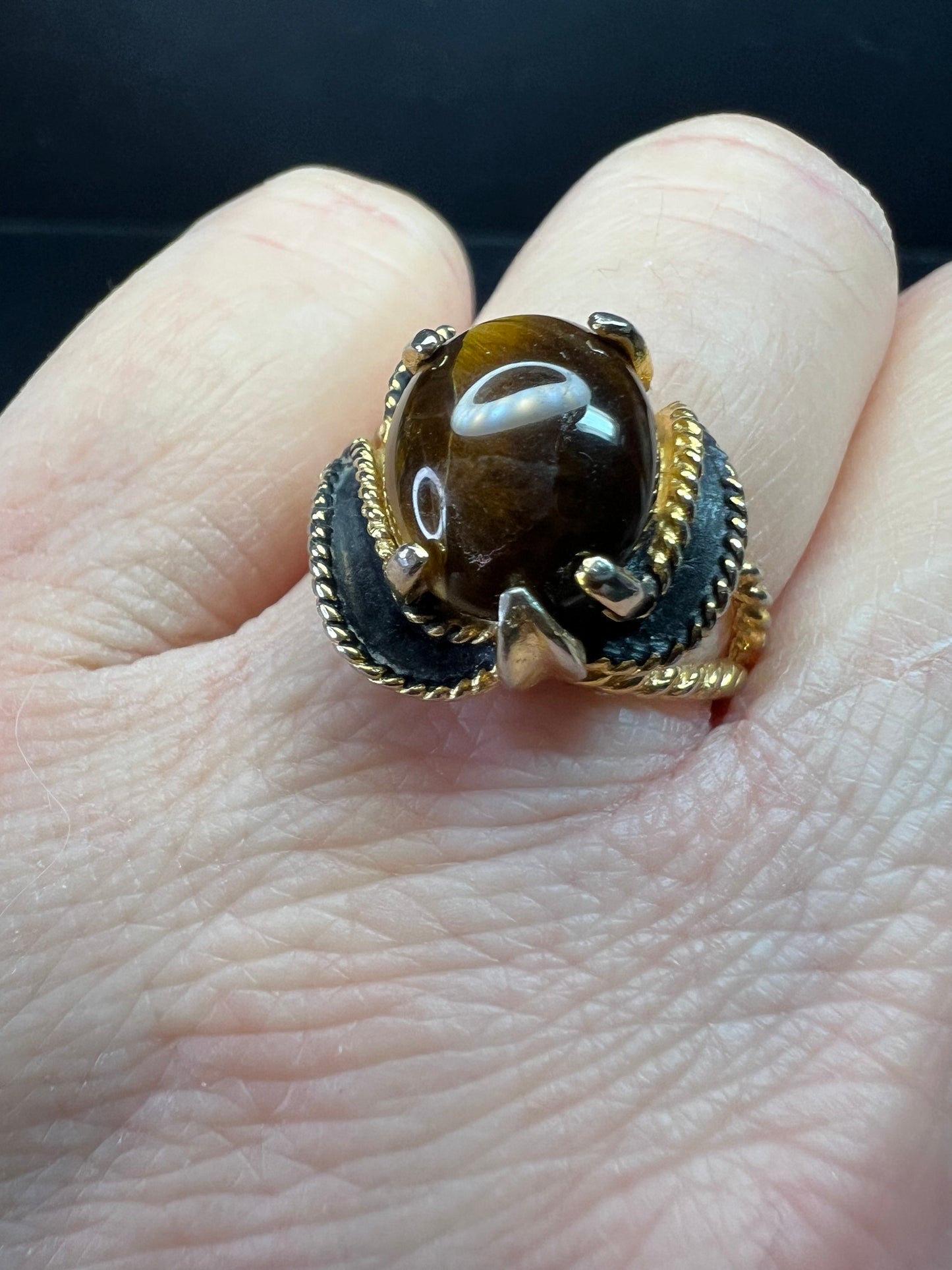 Vintage Espo Tiger’s Eye Ring Size 7.5 18K HGF Gold Filled Statement
