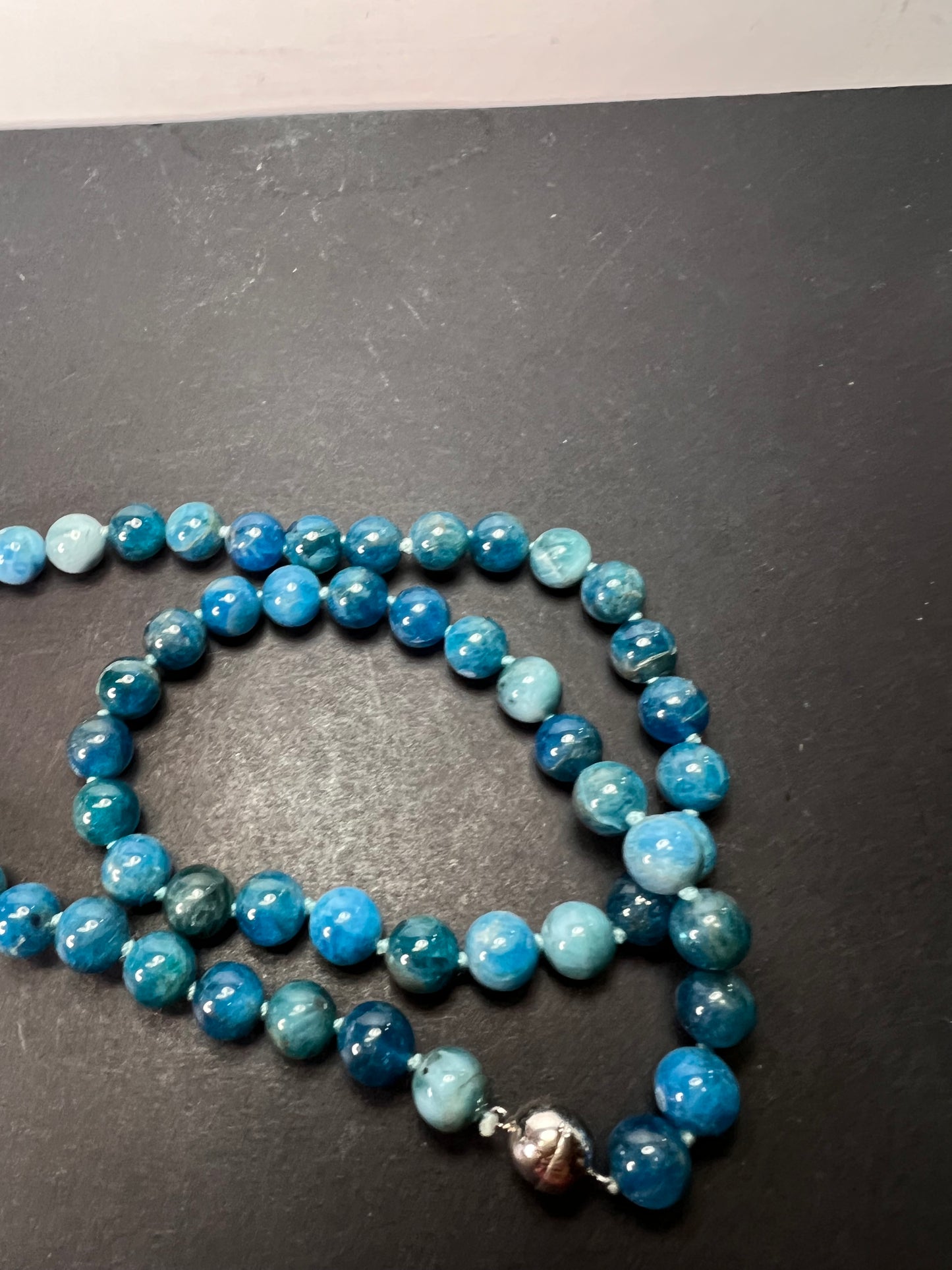 Blue apatite 8 mm knotted necklace