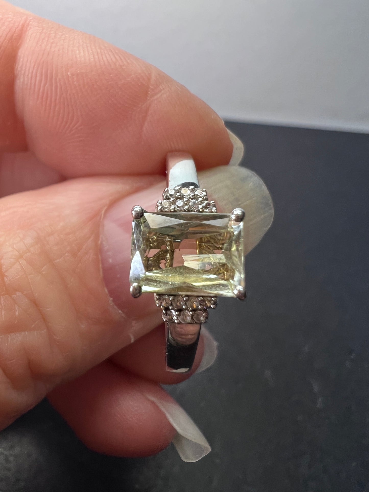 Prasiolite and zircon Sterling silver ring size 9