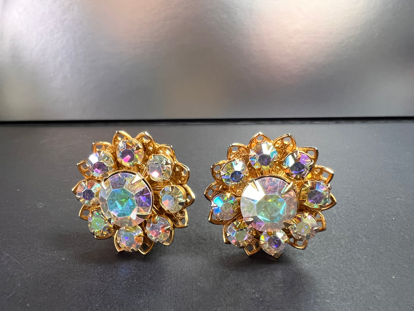 Vintage AB Rhinestone Floral Clip-On Earrings | Mid-Century Costume