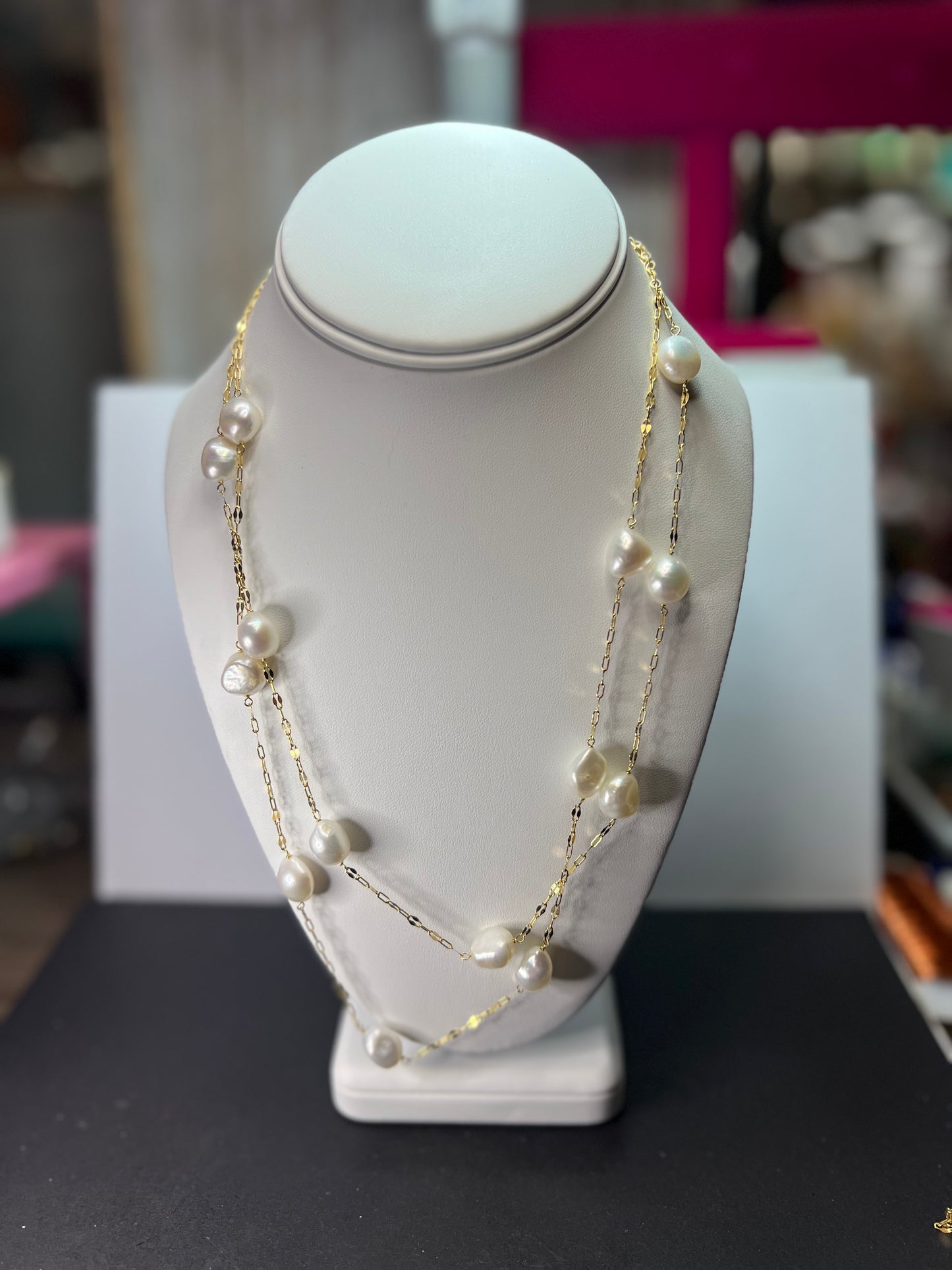 10.5-11mm white cultured freshwater pearl double strand station necklace in 18k yellow gold over sterling silver