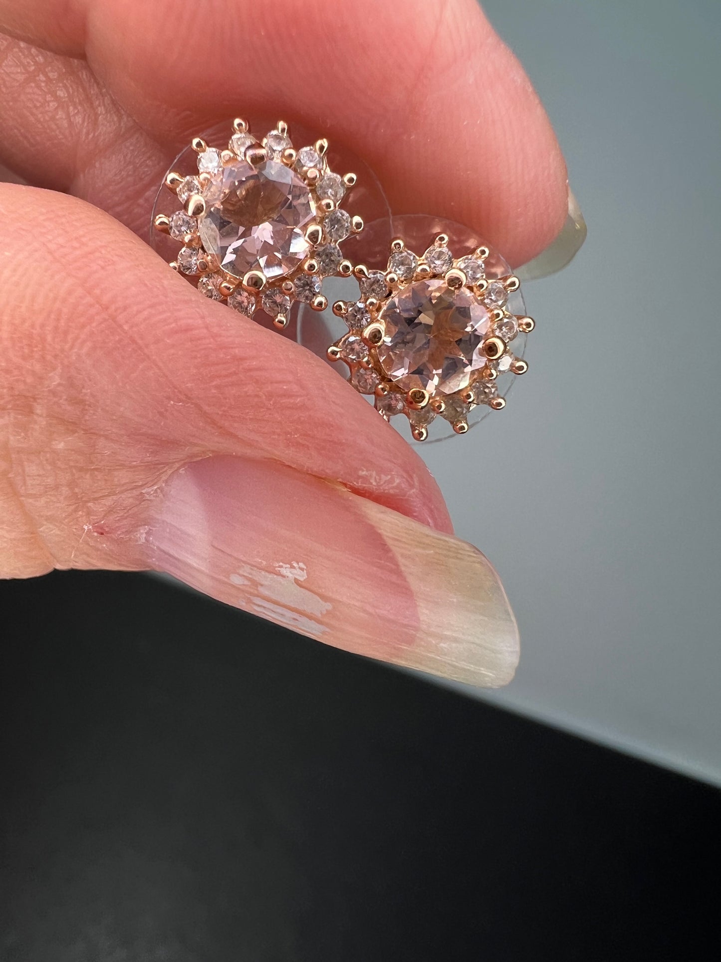 morganite and white topaz halo stud earrings in 18k rose gold over sterling