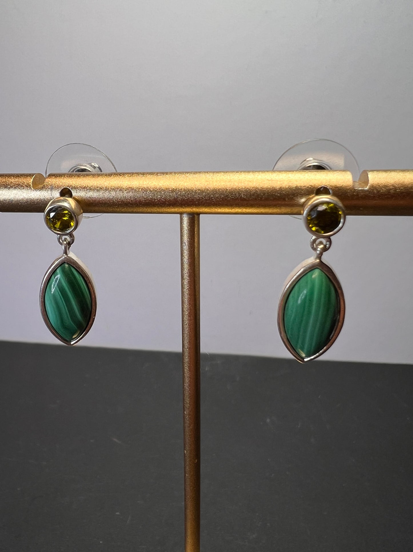 Malachite and olive CZ sterling silver marquise drop earrings