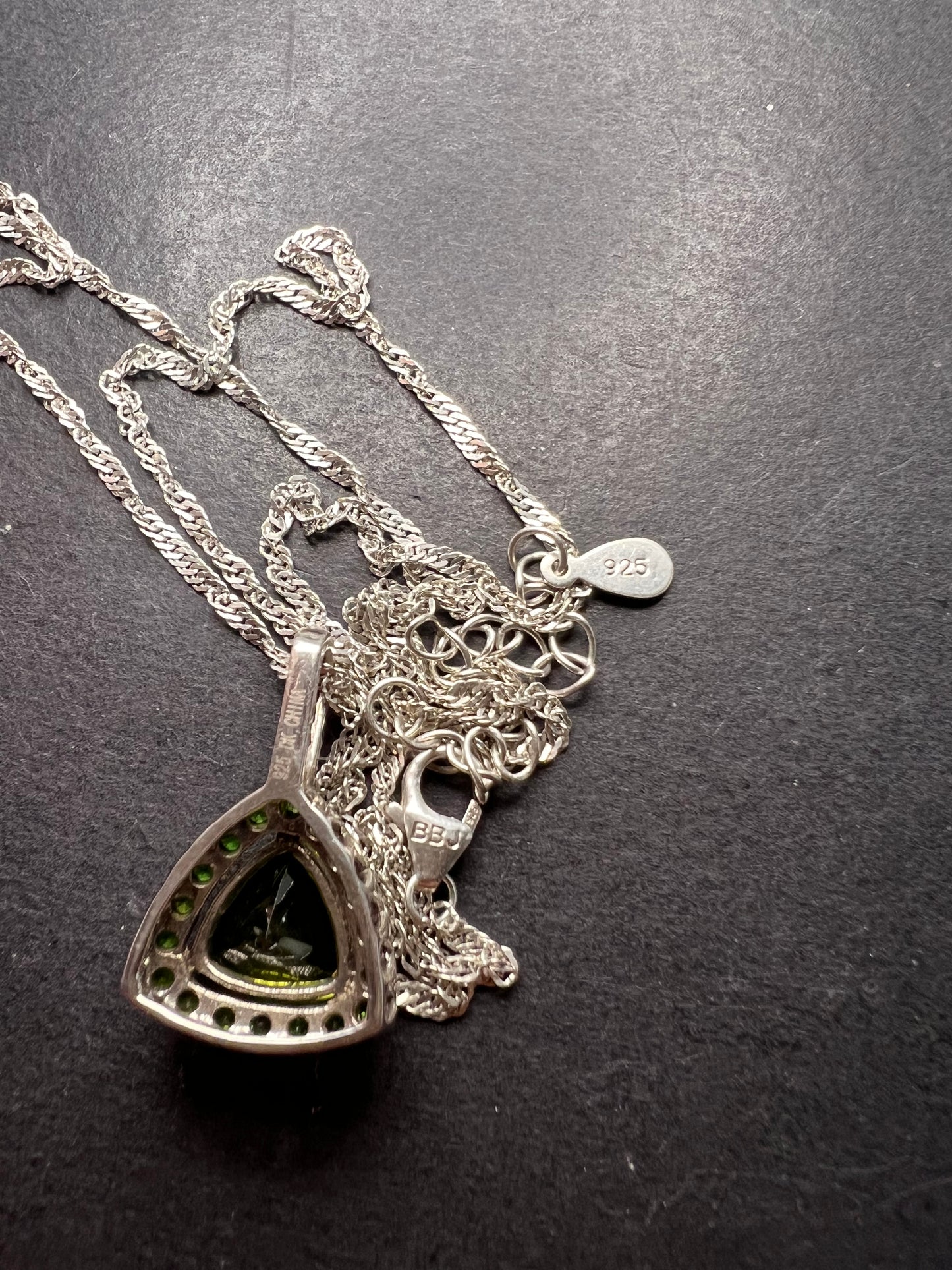 Trillium cut peridot and chrome diopside halo pendant and chain sterling silver necklace