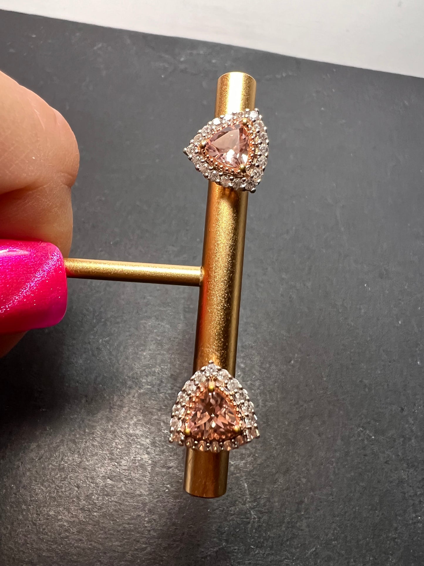 Morganite and zircon trillion halo rose gold over sterling stud earrings