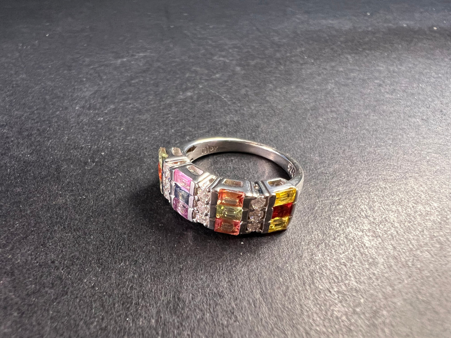 NEW multi sapphire and moissanite art deco style ring in rhodium over sterling silver size 5