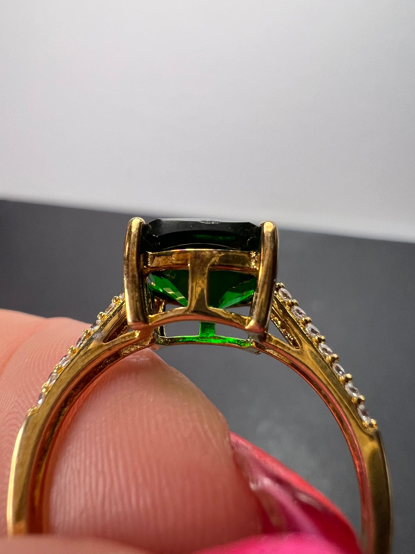 Green cushion cut CZ ring in gold over sterling silver size 9