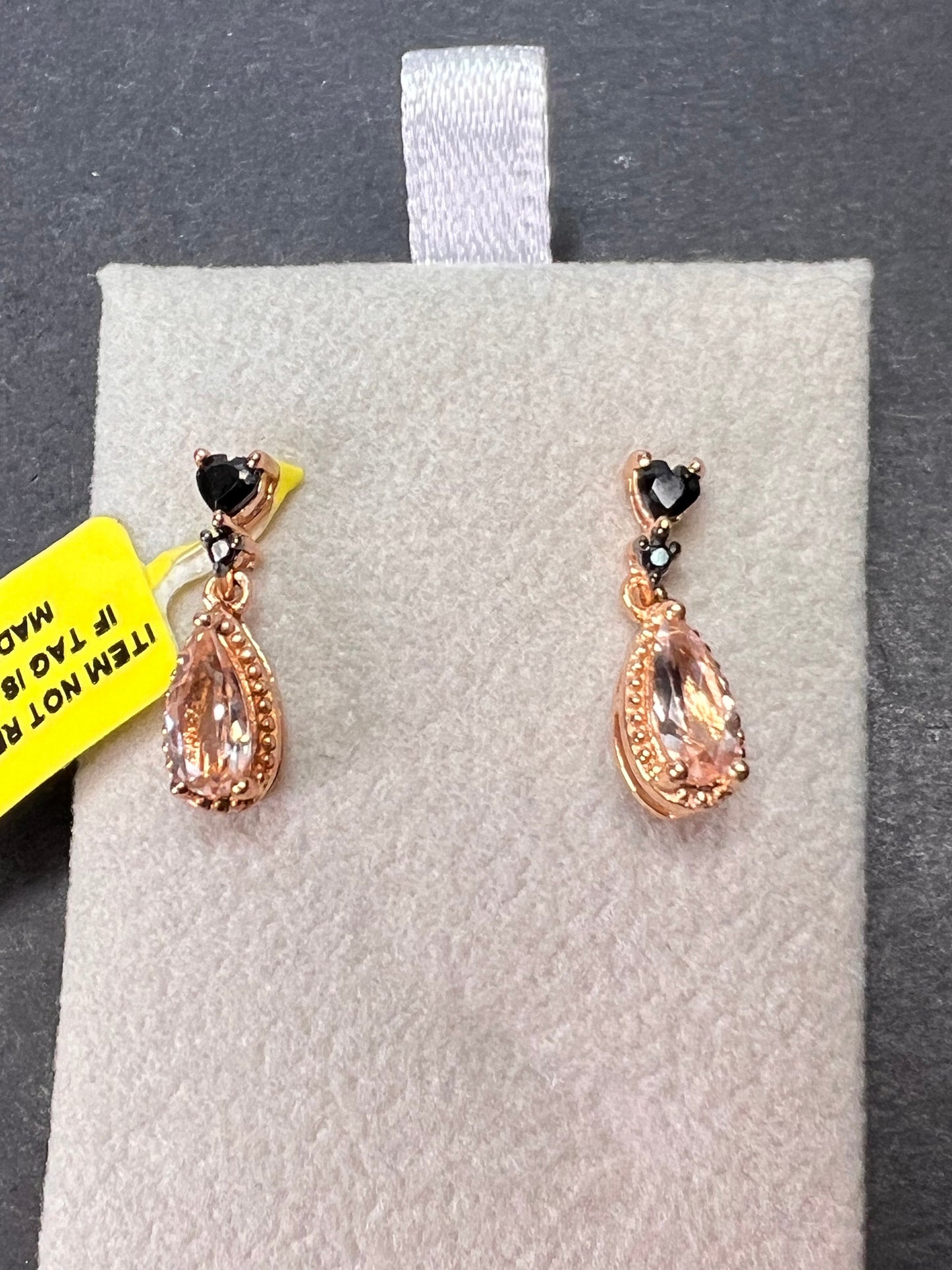 Peach morganite and black spinel heart rose gold over sterling silver earrings