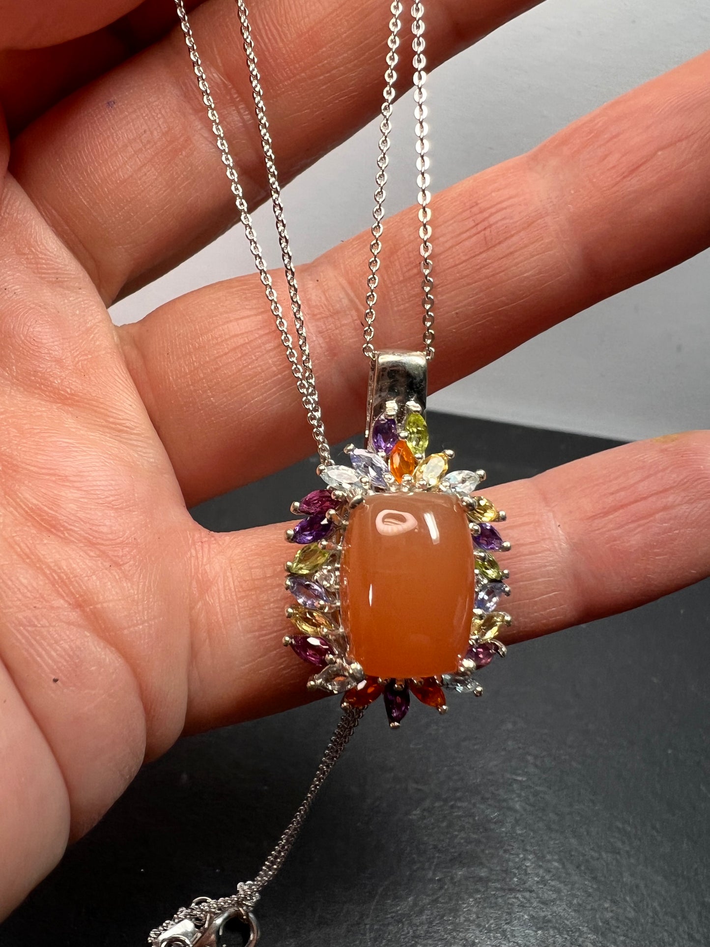 Peach moonstone multi gemstone pendant necklace in platinum over sterling silver