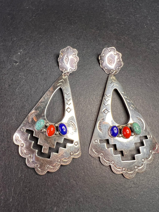 Vintage Navajo Joe Delgarito Sterling Silver Lapis Coral Turquoise Earrings