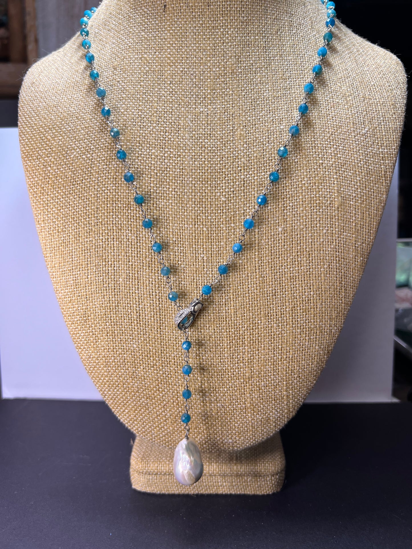 Blue apatite baroque pearl lariat sterling silver necklace