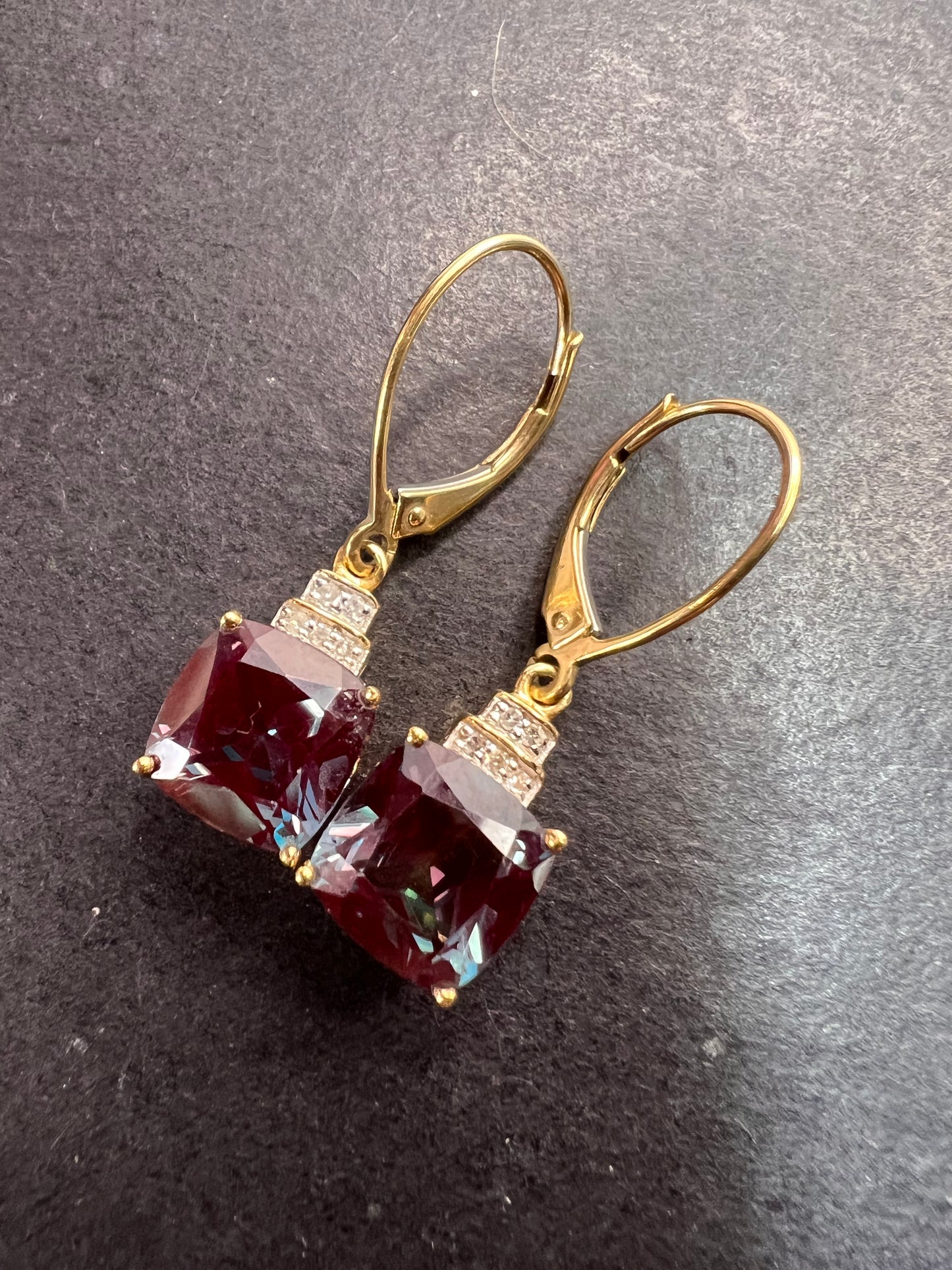 10k gold Lab alexandrite and diamond lever back earrings