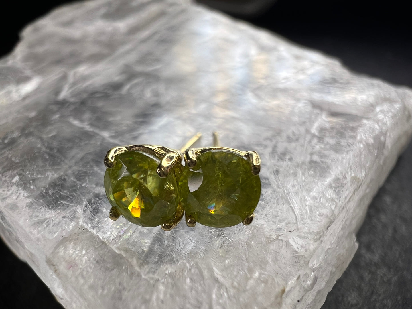 Rare Sphene Titanite Stud Earrings in 14k Yellow Gold