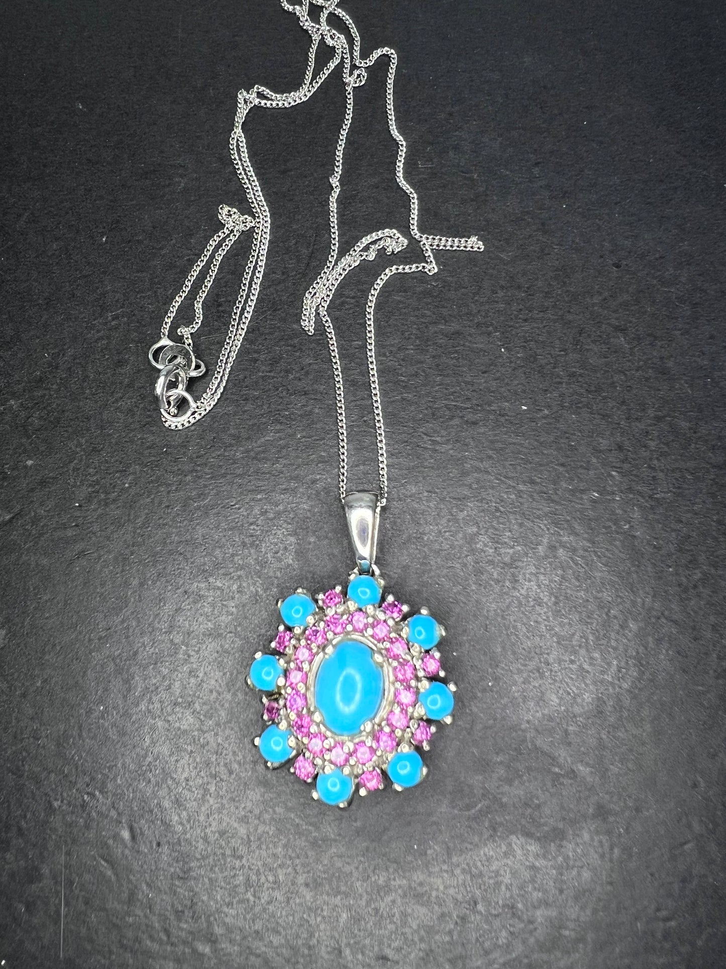 Turquoise grape rhodolite garnet sterling silver pendant and chain