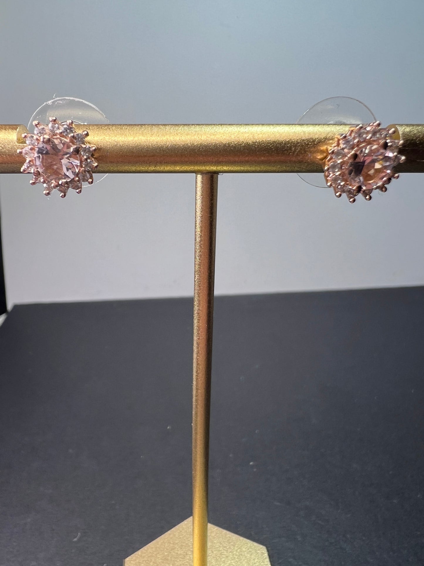 morganite and white topaz halo stud earrings in 18k rose gold over sterling