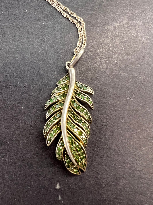 Natural green diamonds feather pendant and chain necklace in white gold over sterling silver