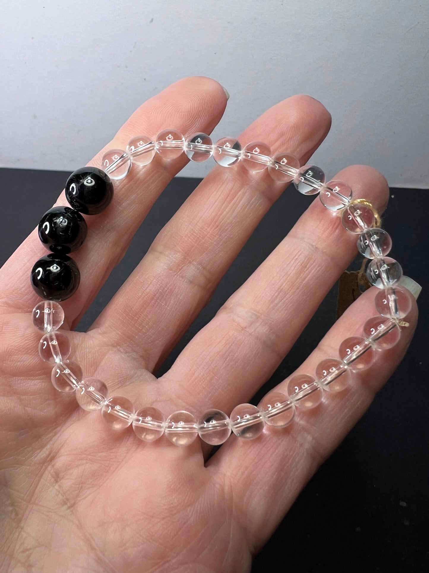 Clear quartz and black tourmaline stretch bracelet 8 inch