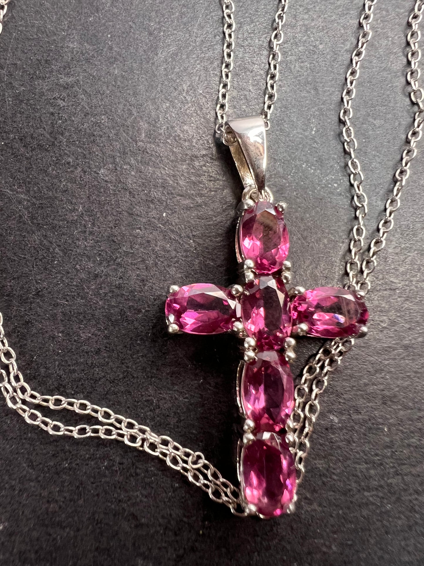 Raspberry rhodolite garnet cross pendant and chain necklace in sterling silver