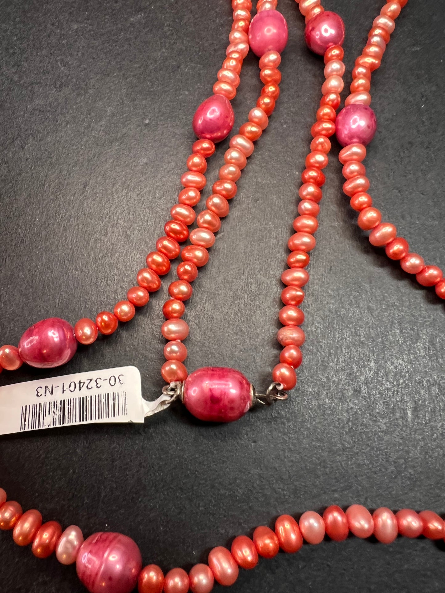 NEW coral and magenta colored freshwater pearl 36 inch station necklace with sterling silver clasp