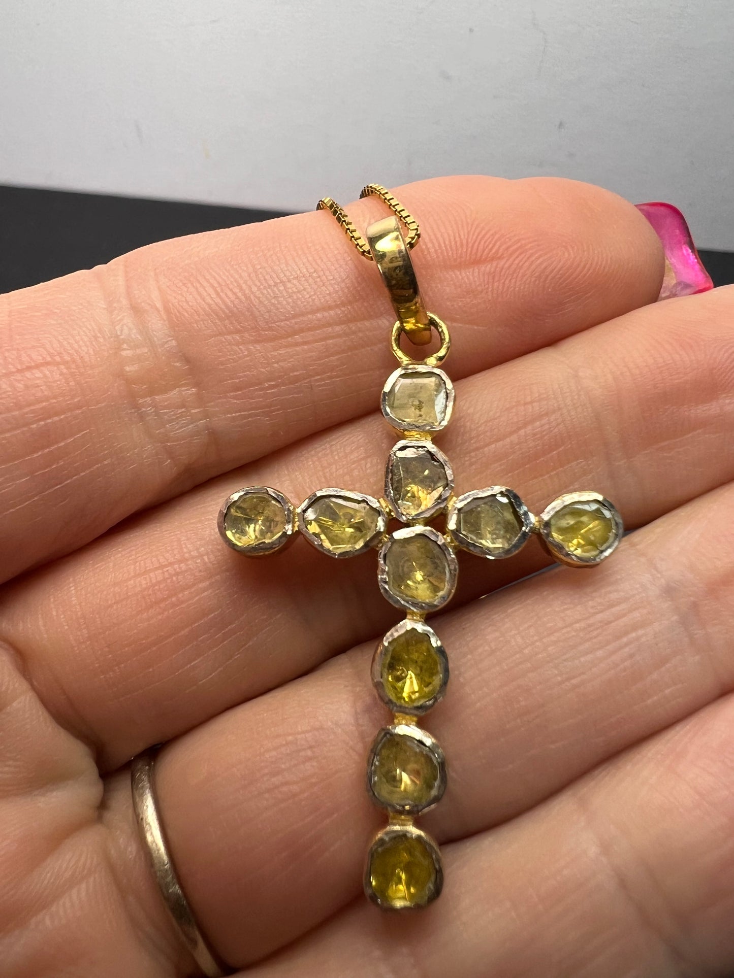 Yellow polki diamond cross pendant and chain in gold over sterling silver