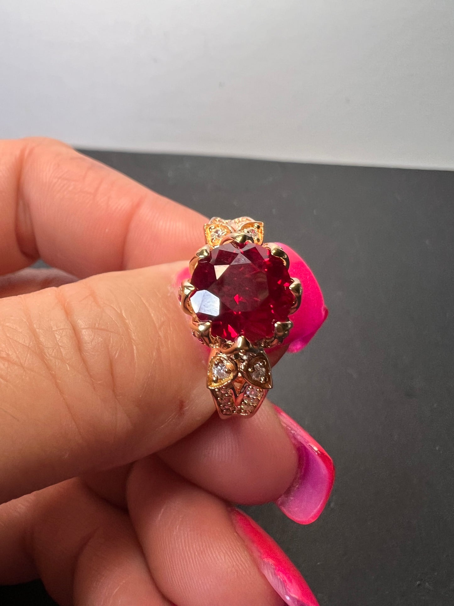 Lab Ruby and pink sapphire rose gold over sterling statement ring size 10