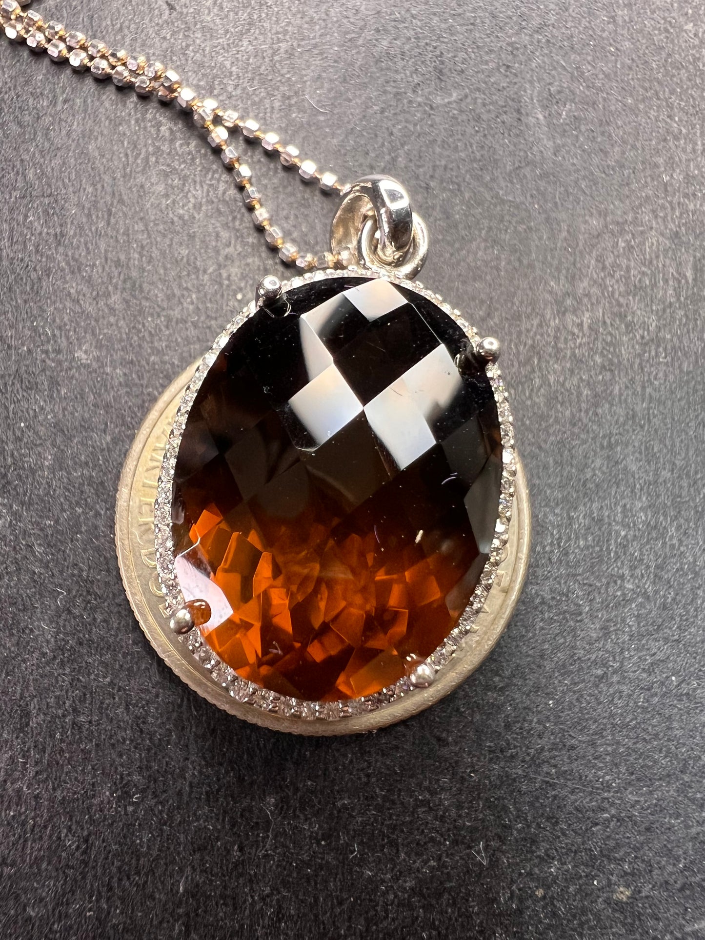 Sterling Cognac Quartz Pendant Necklace | 24” Adjustable Ball Chain