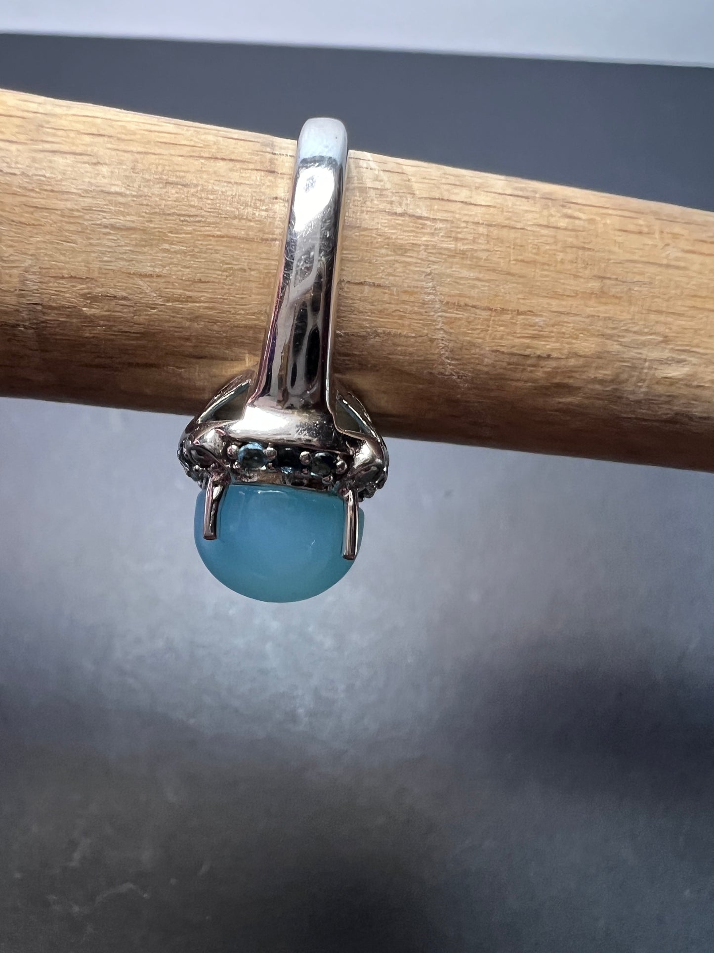 Aqua blue chalcedony blue topaz sterling silver halo ring size 7