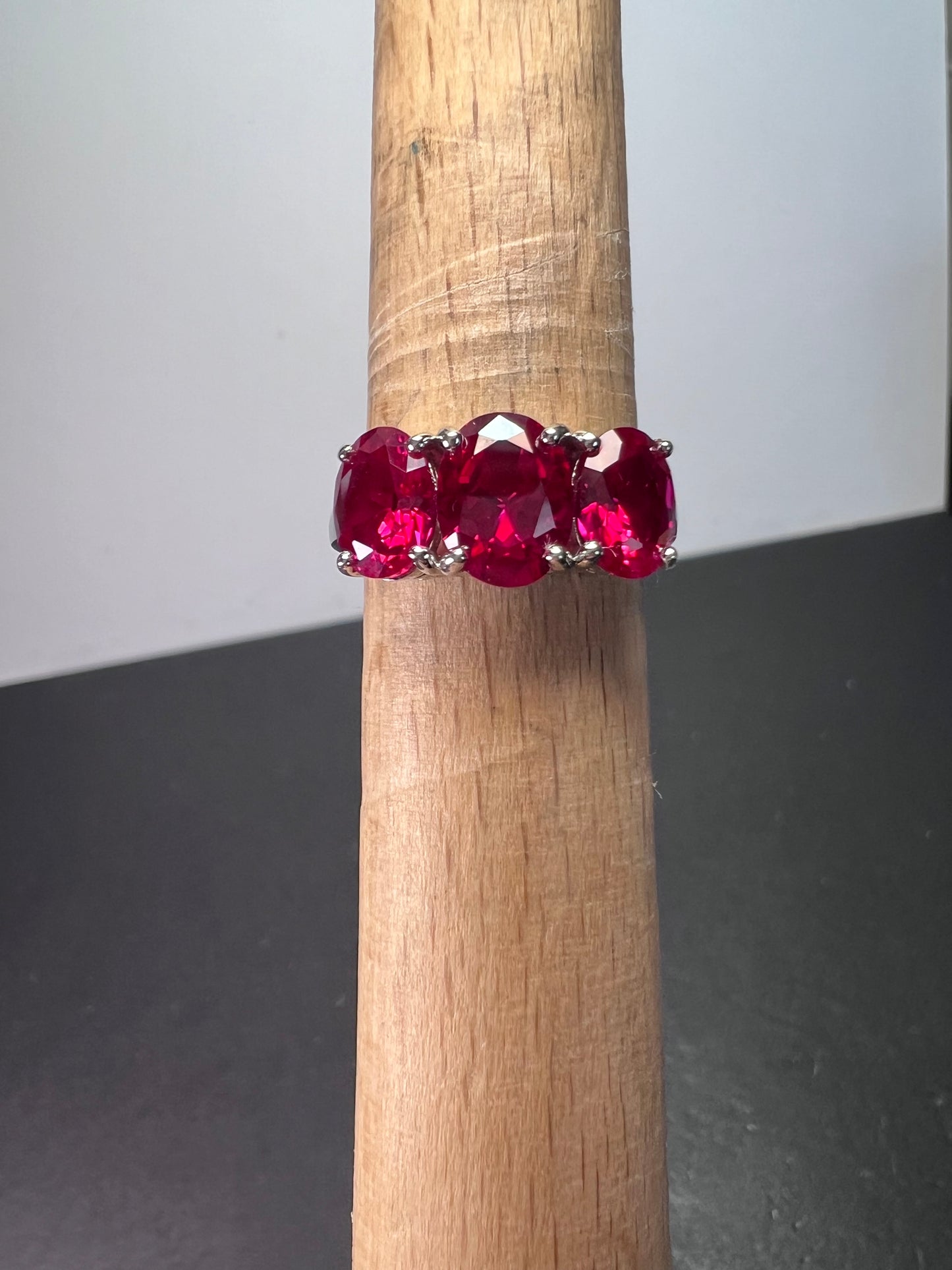 Lab created ruby and silver triple stone ring size 8