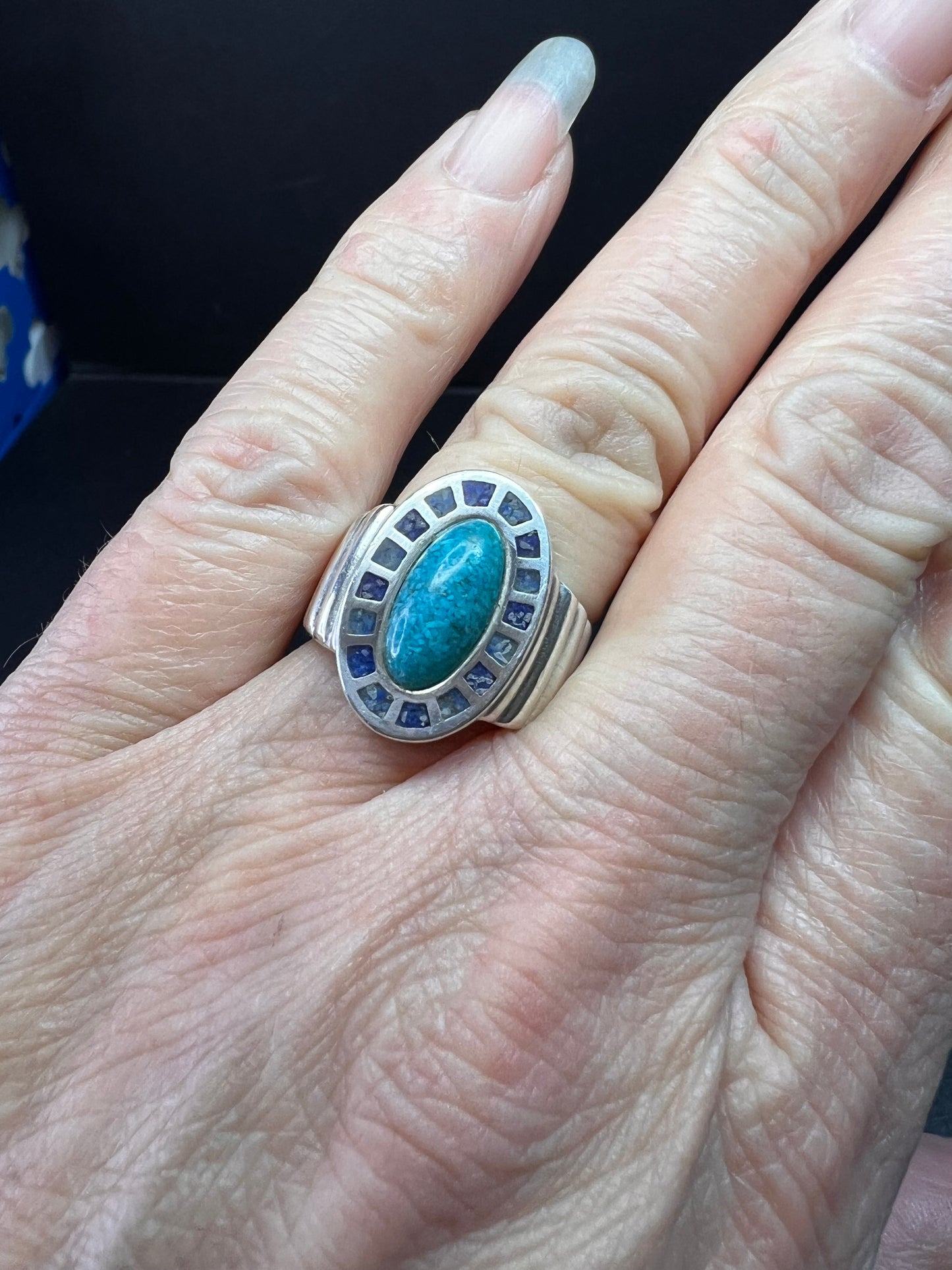 Vintage Sterling Silver Coleman Co. Turquoise & Lapis Mosaic Inlay Ring – Size 7