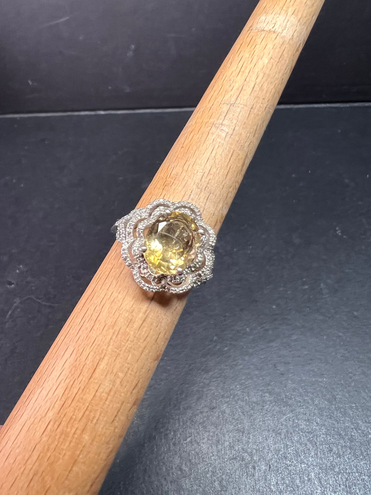 Citrine & Diamond Sterling Silver Scalloped Halo Ring Size 9