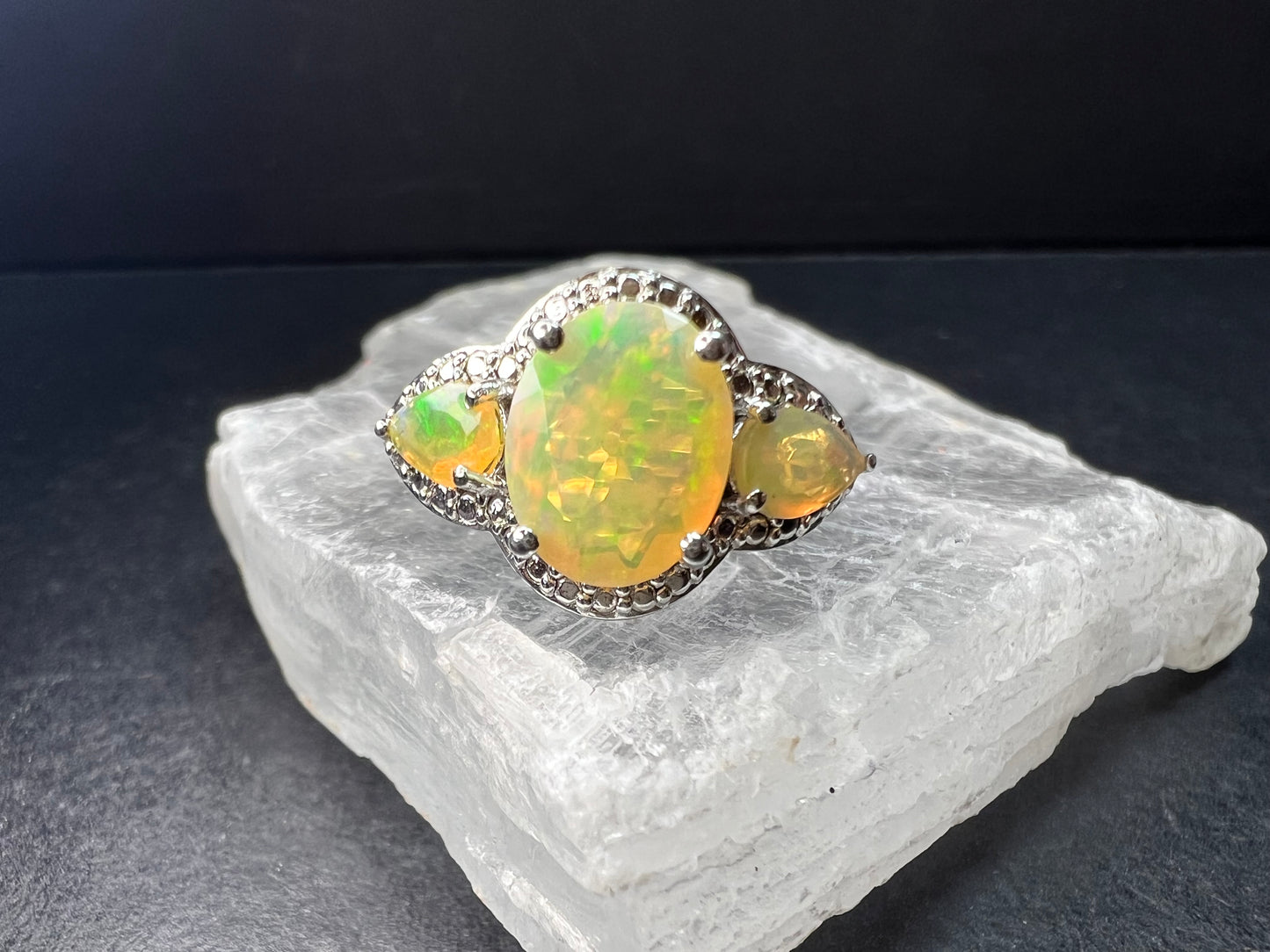 Ethiopian Opal Sterling Silver Halo Ring Size 6