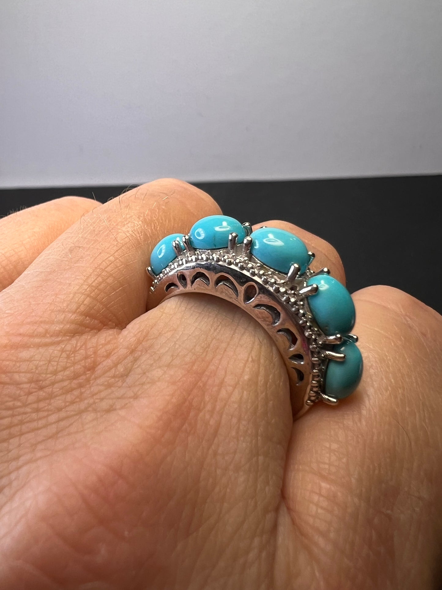 Sleeping Beauty turquoise five stone sterling silver ring size 9