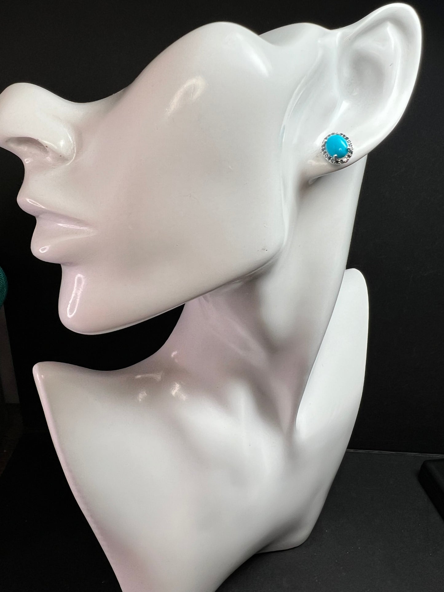 Turquoise & Blue Diamond Sterling Silver Halo Stud Earrings 925 Oval