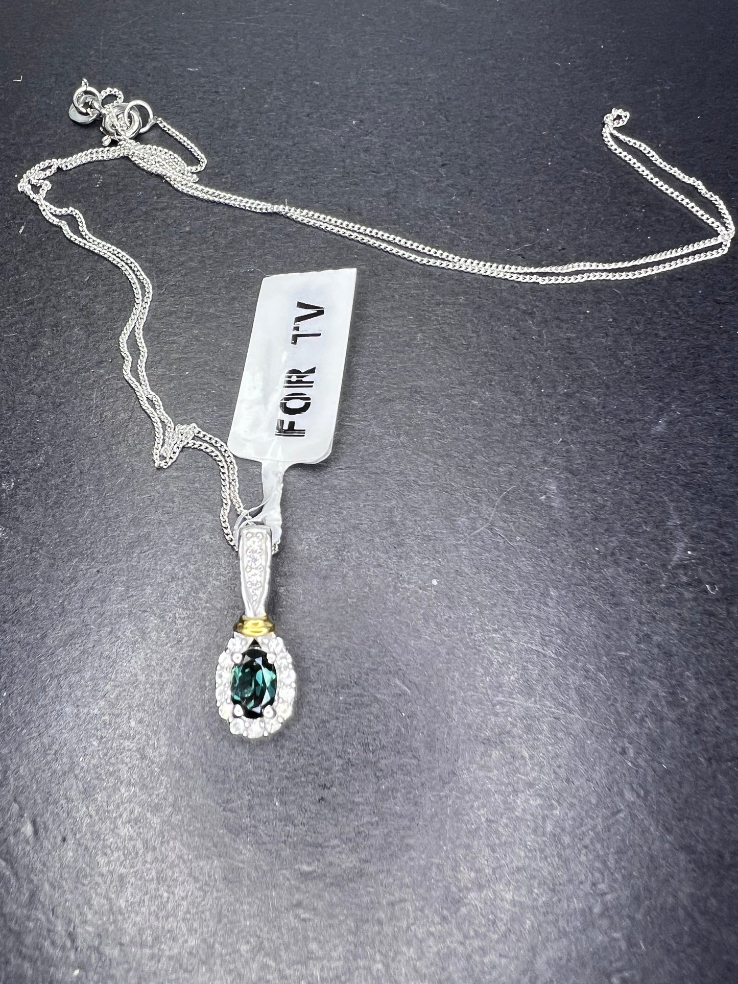 Indicolite tourmaline and zircon sterling silver pendant and 20 inch chain necklace