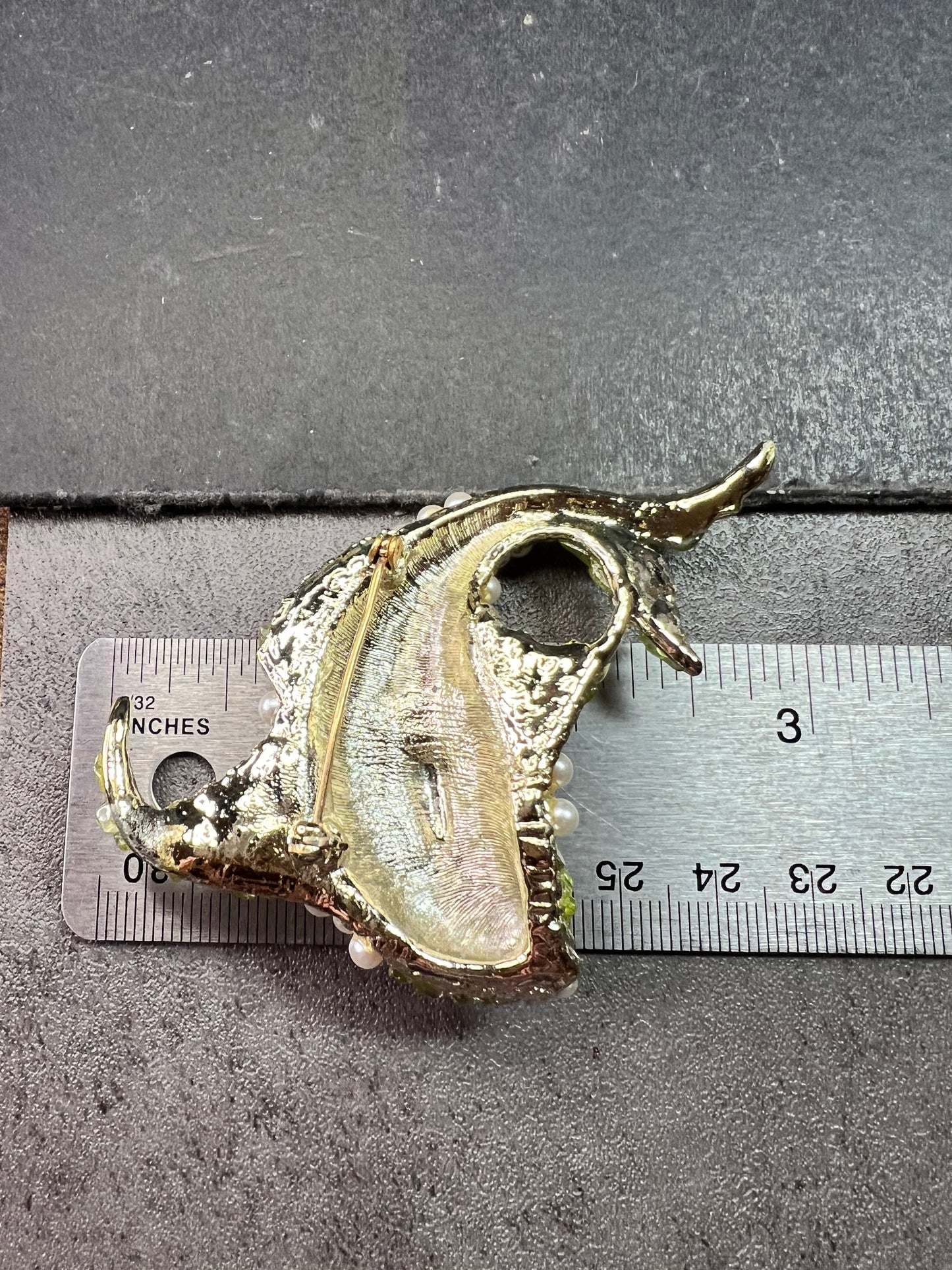 Vintage Faux Pearl & Genuine Peridot Fish Brooch Statement Pin