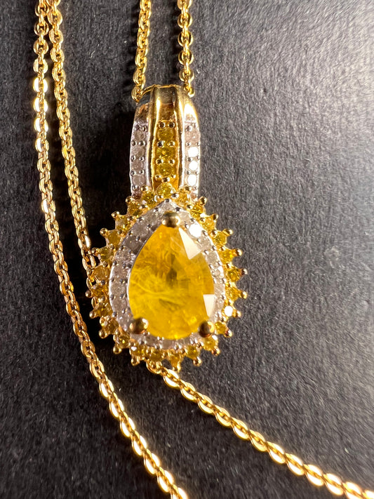 NEW Yellow sapphire and yellow and white diamond halo pendant 20 inch necklace in yellow gold vermeil over sterling silver