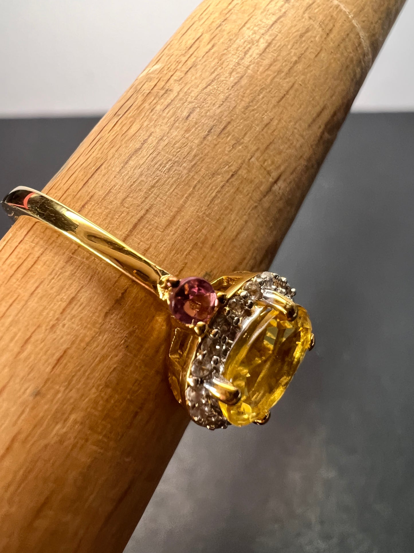 Heliodor and rubellite halo ring in vermeil yellow gold over sterling silver size 9 *NEW*