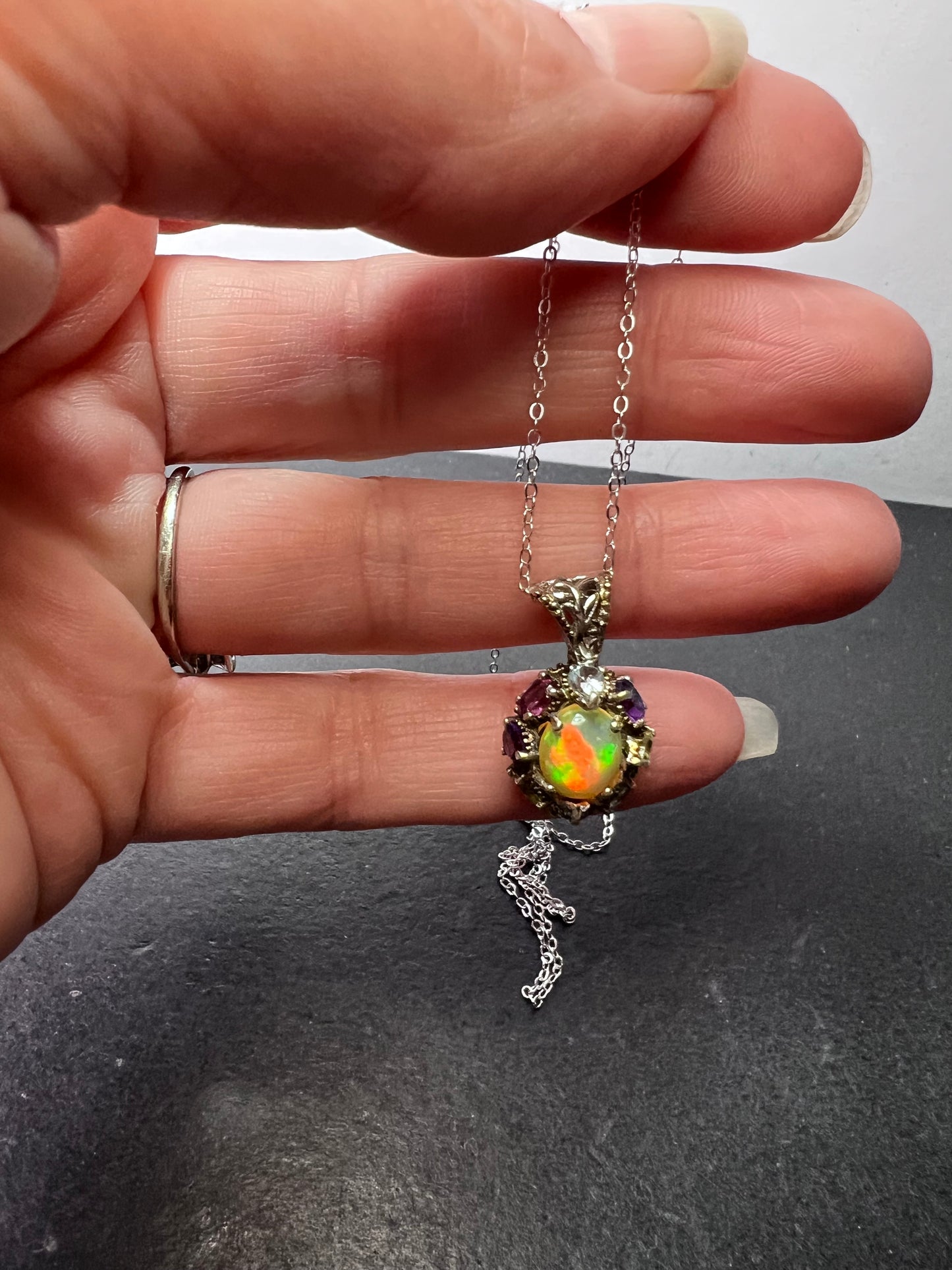 Ethiopian opal multi stone sterling silver halo pendant necklace