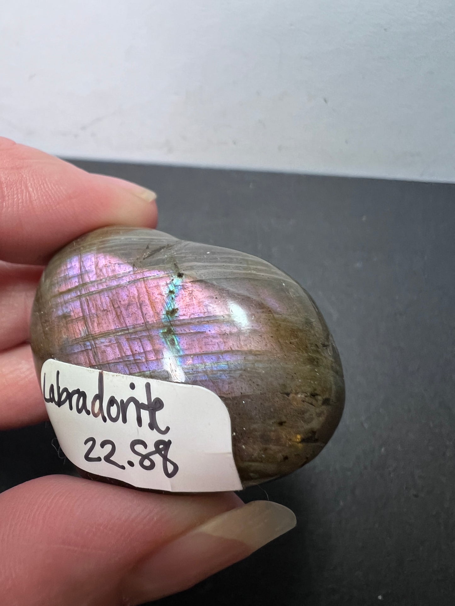 Labradorite heart with pink and purple flash