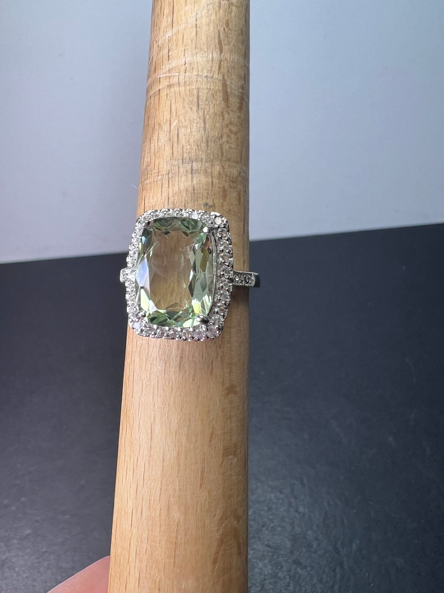 Cushion cut Prasiolite cocktail halo ring size 9