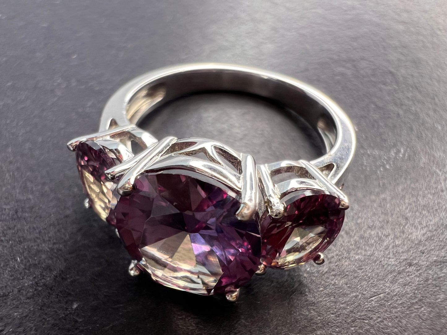 Lab created alexandrite trilogy ring in rhodium over sterling silver size 9