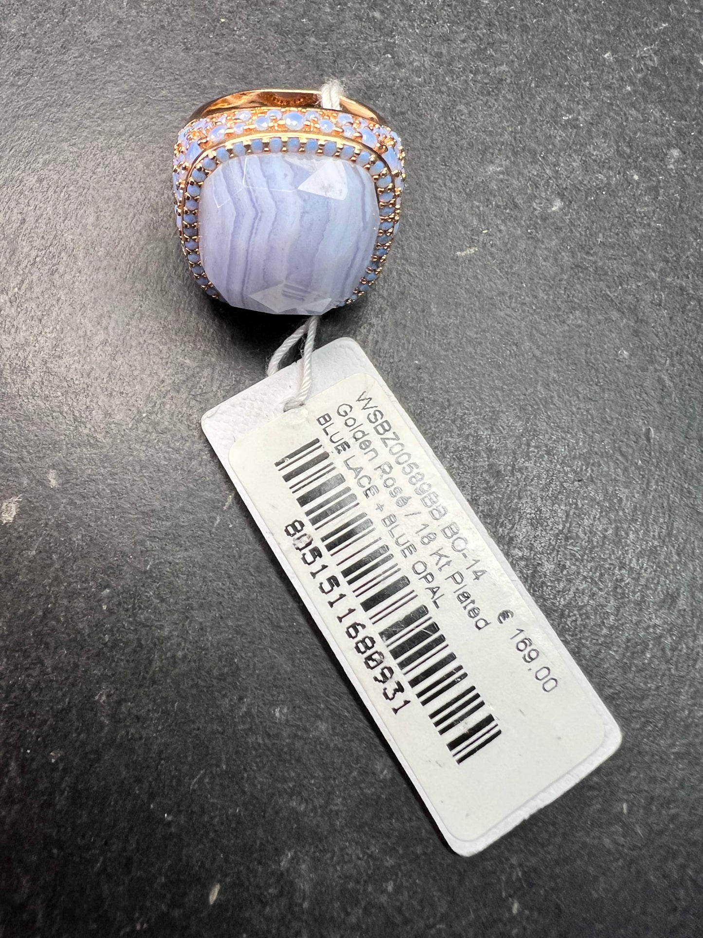 New With Tag Blue Lace Agate 18K Rose Gold Plated Ring Size 7